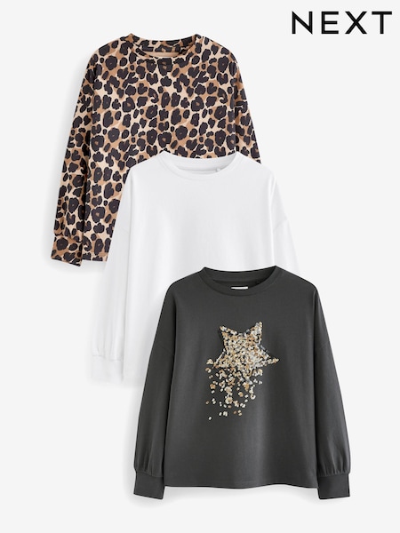 Charcoal Grey/Animal Print Sequin Long Sleeve T-Shirts 3 Pack (3-16yrs) (D17180) | € 14 - € 18