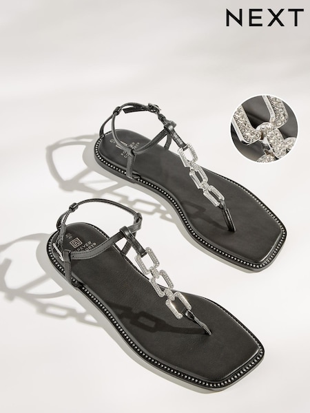 Black Forever Comfort® Flat Sandals With Jewelled Chain Detailing (D17187) | € 10
