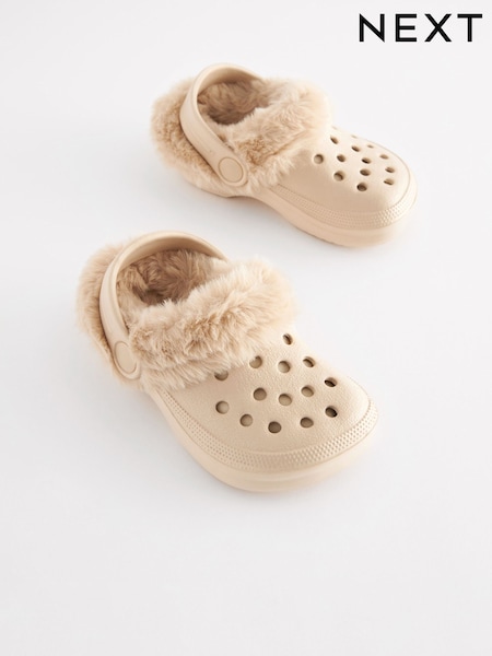 Neutral Beige Faux Fur Lined Clog Slippers (D17612) | AED35 - AED42