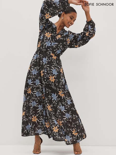Sofie Schnoor Black Printed Long Sleeve Maxi Dress (D18094) | 38,010 Ft