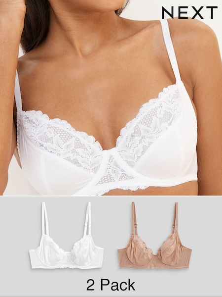 White/Praline Nude 2 Pack Floral Print Non Pad Full Cup Bra (D18100) | AED101