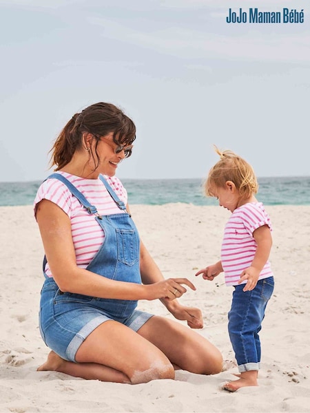 JoJo Maman Bébé Pink Girls' Breton Stripe Drop Shoulder T-Shirt (D18235) | AED64