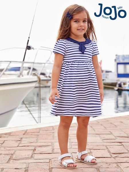 JoJo Maman Bébé White Navy Stripe Short Sleeve Sailor Jersey Dress (D18718) | AED116