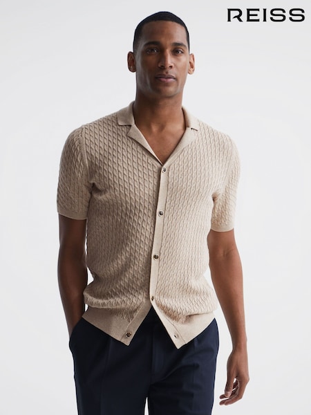 Reiss Oatmeal Melange Grande Cable Knit Cuban Collar Button Through Shirt (D18854) | €42