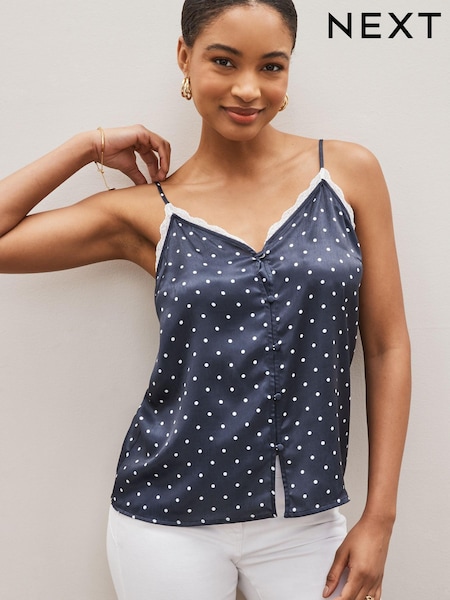 Navy Polka Dot Button Cami With Lace Trim (D19521) | 66 zł