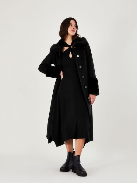 Monsoon Black Faux Fur Trim Felicity Belted Wool Blend V Coat (D19866) | €133