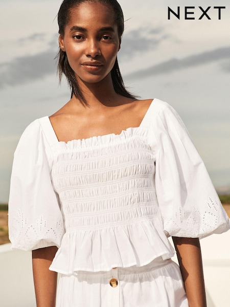 White Cotton Shirred Top with Broidery Detail (D20168) | €11