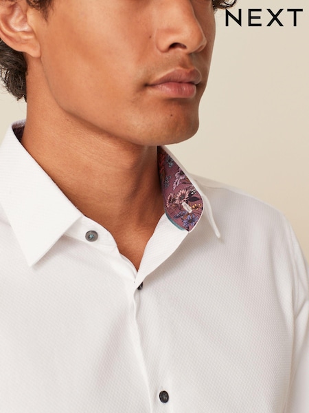 White Slim Fit 100% Cotton Textured Trimmed Single Cuff Shirt (D20194) | 89 QAR