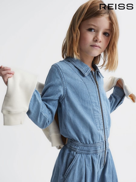 Reiss Mid Blue Molly Denim Zip Front Jumpsuit (D20948) | LEI 569