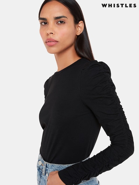 Whistles Black Ruched Sleeve T-Shirt (D21698) | € 50