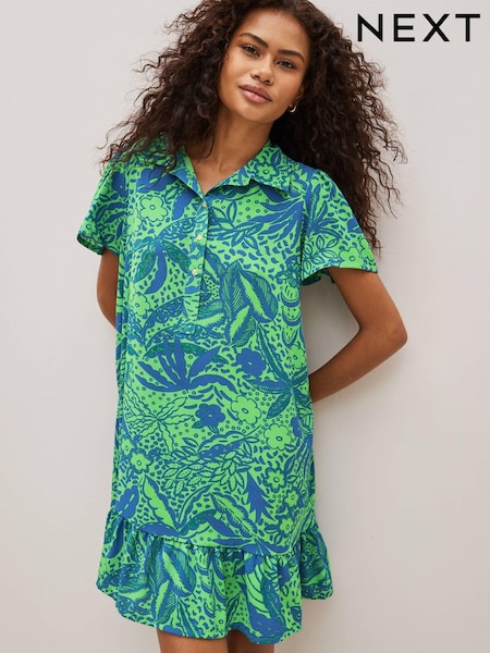 Celia Birtwell Green / Blue Floral Mini Short Sleeve Shirt Dress (D21733) | €17