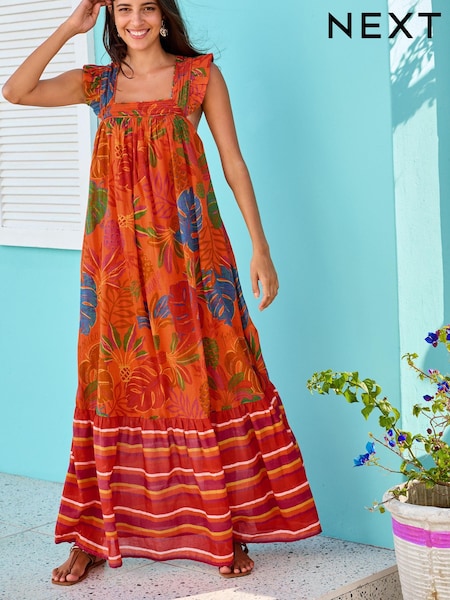 Oranžna, tropski vzorec - Square Neck Frill Sleeve Maxi Dress (D21755) | € 19