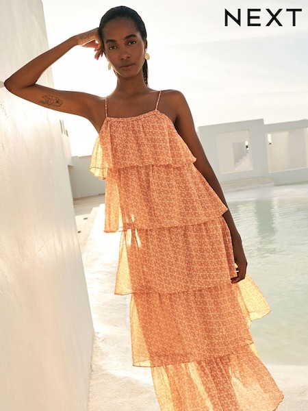 Светло-розовый с золотистым геометрическим узором - Occasion Tiered Strappy Midi Dress (D21814) | €29
