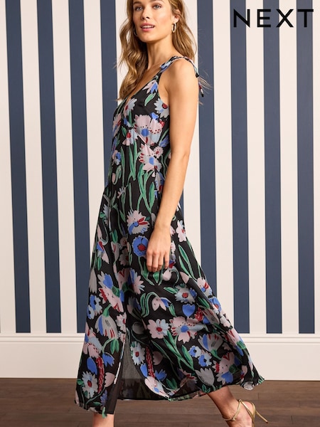 Black Ground Floral X Celia Birtwell Tie Sleeve Cami Midi Dress (D21840) | €33