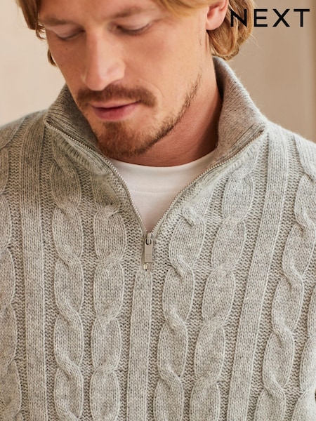 Grey Regular Cable Zip Neck Jumper With Wool (D21911) | € 13
