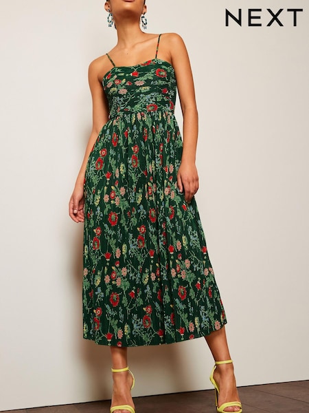 Зеленый с цветочным узором - Plissé Strappy Corset Midi Dress (D21990) | €17