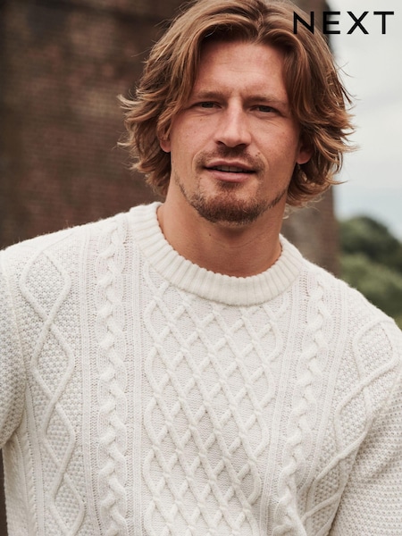 Ecru White Regular Aran Knit Cable Sweatshirt (D23188) | € 11