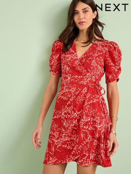 Red Sprig Floral Short Sleeve V-Neck Wrap Mini Dress (D23255) | €6