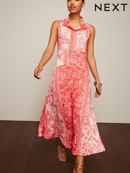 Red Botanical High Neck Sleeveless Zip Midi Dress (D23291) | €11