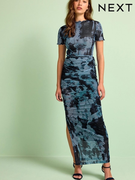 Темно-синий с цианотипом - Ruched Mesh Split Maxi Skirt (D23345) | €6