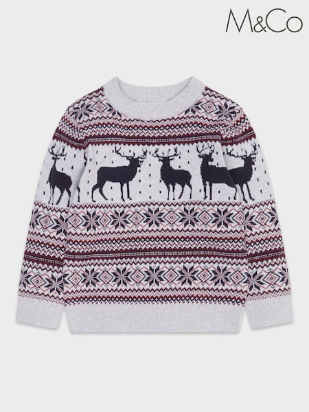 M&Co Grey Fairisle Pattern Stag Jumper (D23481) | €4 - €5