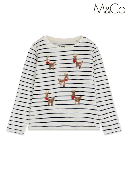 M&Co White Reindeer Striped T-Shirt (D23486) | 6 €