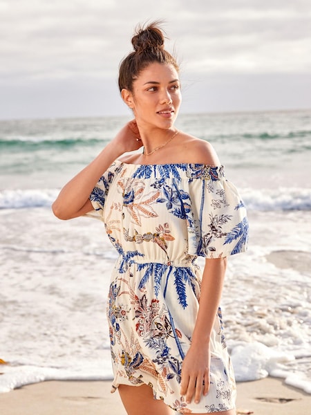 Ecru Palm Print Off Shoulder Playsuit (D23811) | €10