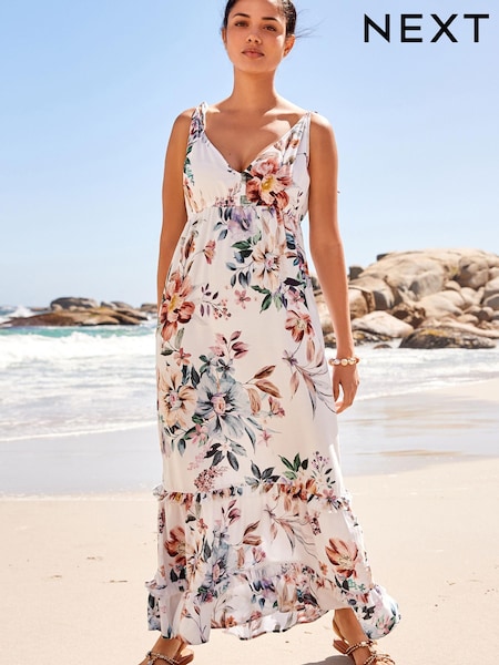 White Floral Halter Plunge Maxi Summer Dress (D23819) | €21