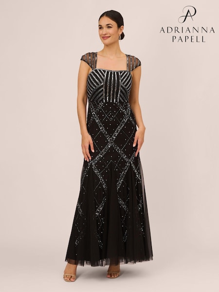 Adrianna Papell Studio Beaded Cap Sleeve Black Gown (D23876) | AED93