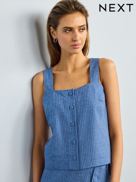 Modra črtasta - Linen Blend Button Through Top (D23891) | € 12