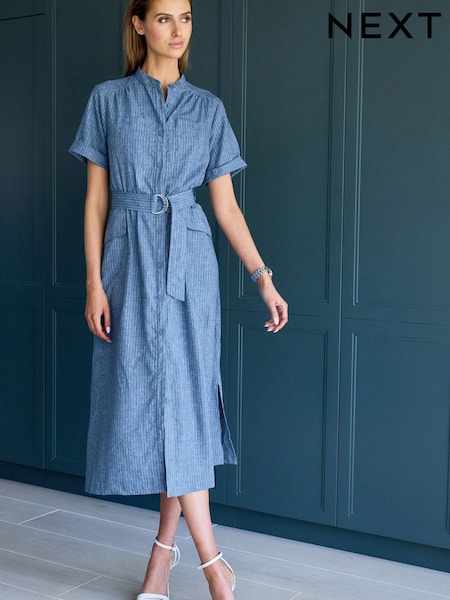 Blue Stripe Linen Blend Midi Shirt Dress (D24025) | €28