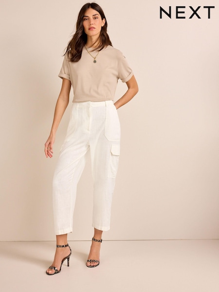 Ecru - Linen Blend Cargo Taper Trousers (D24064) | 8 €