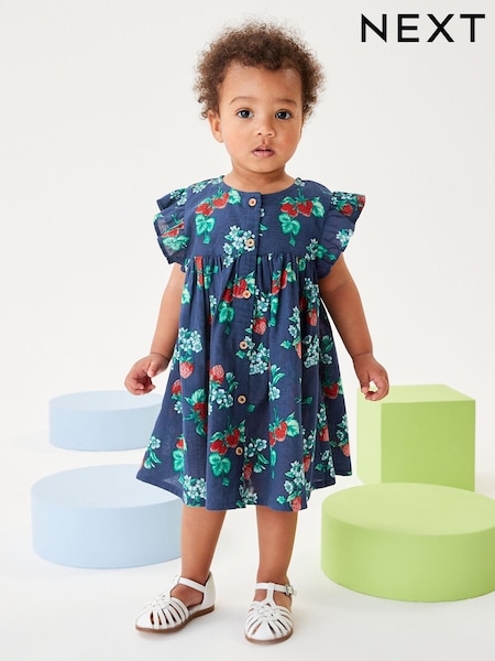 Navy Blue Strawberry Print Frill Sleeve Cotton Dress (3mths-8yrs) (D24421) | €9 - €11