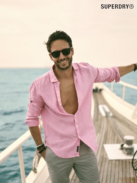 Superdry Fuchsia Pink Studios Casual 100% Linen Long Sleeved Shirt (D25527) | €56