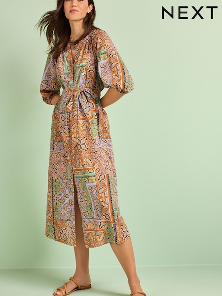 Orange, Paisleymuster - 100% Cotton Midi Shirt Dress (D25761) | 15 €