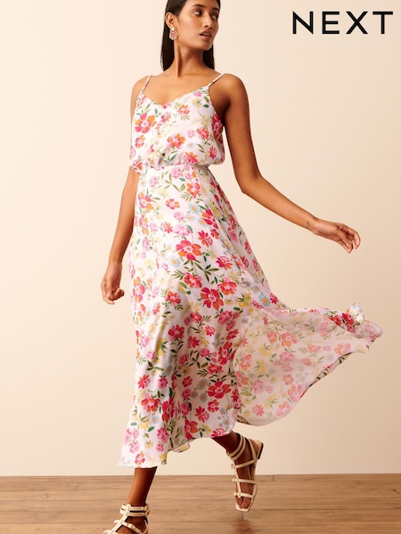 White Floral Satin Slip Midi Dress (D25768) | €30