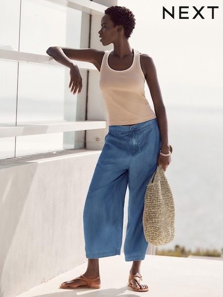 Albastru închis - fustă pantalon largă cu cordon în talie Denim TENCEL™ (D26763) | 136 LEI