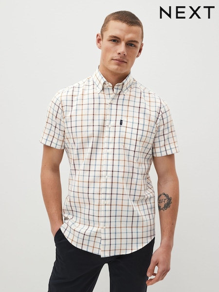Cream/Blue Tattersall Check Easy Iron Button Down Short Sleeve Oxford Shirt (D27960) | 119 QAR
