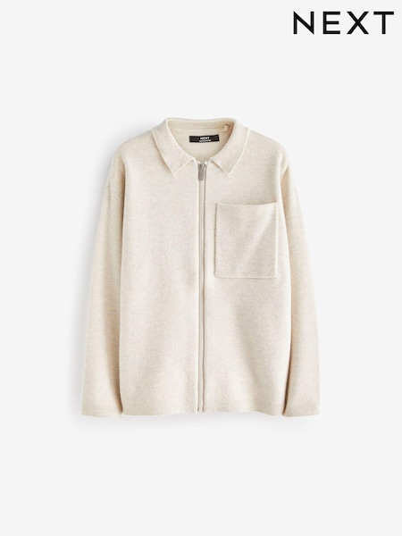 Ecru Cream Knitted Zip Through Collared Cardigan with Pockets (3-16yrs) (D28799) | €5 - €6