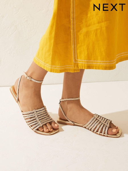 Gold Regular/Wide Fit Forever Comfort® Leather Plait Sandals (D29301) | € 13