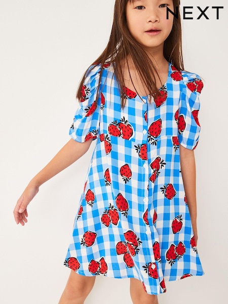 Modra Gingham jagoda - Ruched Sleeve Tea Dress (3-16yrs) (D29672) | € 9 - € 12