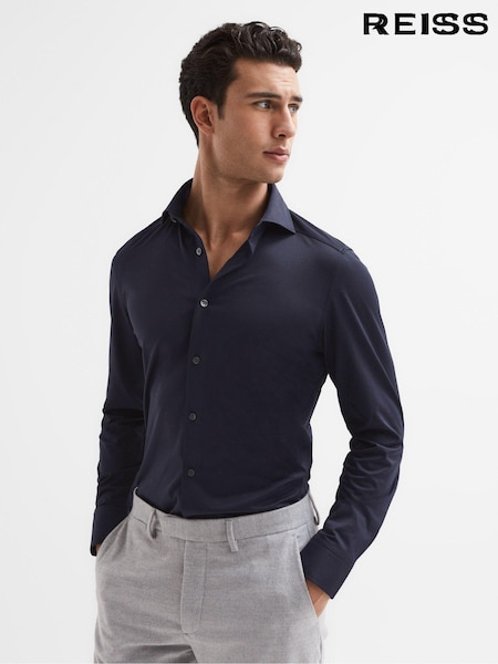 Reiss Navy Nate Cutaway Collar Jersey Slim Fit Shirt (D29784) | AED706