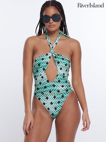 River Island Green Knot Printed Belted Swimsuit (D30209) | €19