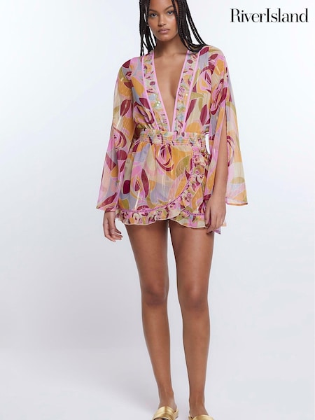 River Island Pink Print Sequin Bell Sleeve Bodysuit (D30250) | €28