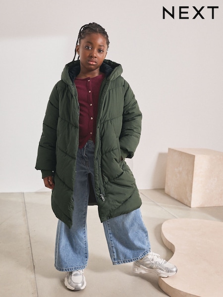 Khaki Green Regular Length Shower Resistant Faux Fur Lined Hooded Padded Coat (3-16yrs) (D30861) | €46 - €59