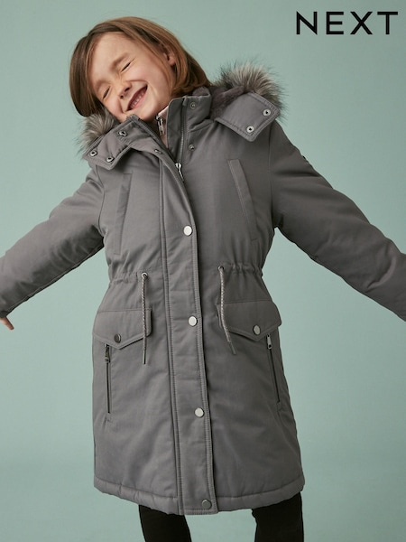 Charcoal Grey Shower Resistant Faux Fur Trim Parka (3-16yrs) (D30886) | €24 - €30