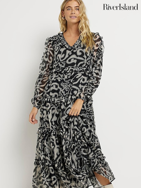 River Island Black Freddie Ruffle Midi Dress (D30988) | €31