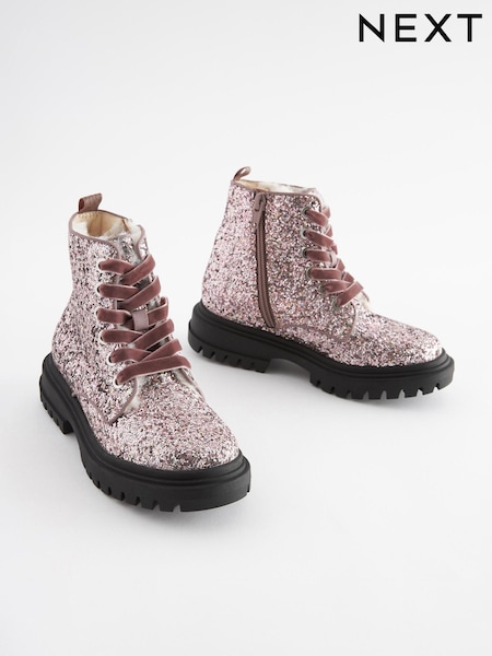 Pink Glitter Chunky Lace-Up Warm Lined Boots (D32340) | €17.50 - €21.50
