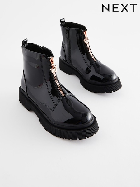 Black Patent Zip Front Chunky Boots (D32373) | €30 - €36