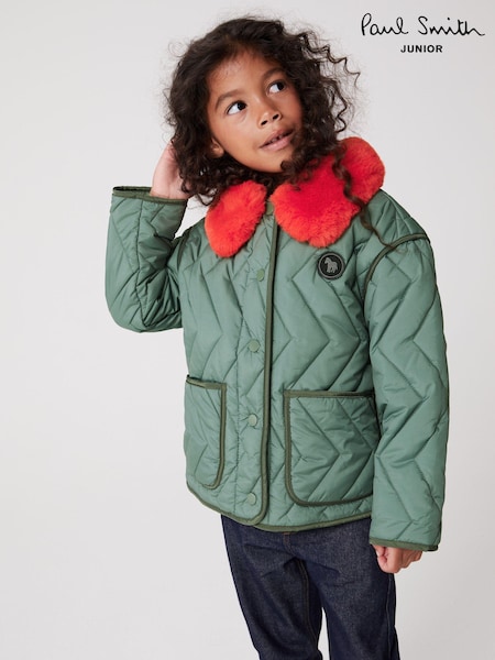 Paul Smith Junior Girls Khaki Green Faux Fur Trim Quilted Jacket (D32444) | €61